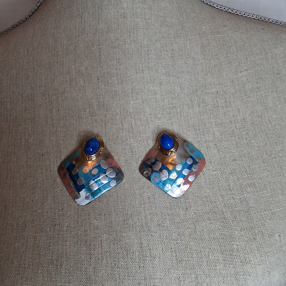 Boutique Blue Cabochon Resin Statement Earrings Gold Tone Geometric Dangle - Picture 9 of 9